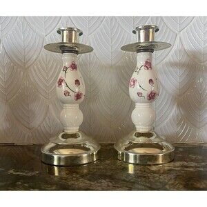 HOMCO Home Interiors Pair of Candlesticks Ceramic Floral & Brass 7.5" High #8850